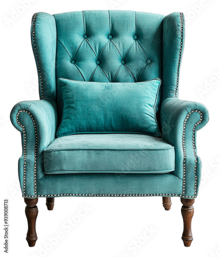 PNG Turquoise armchair with plush cushions photo