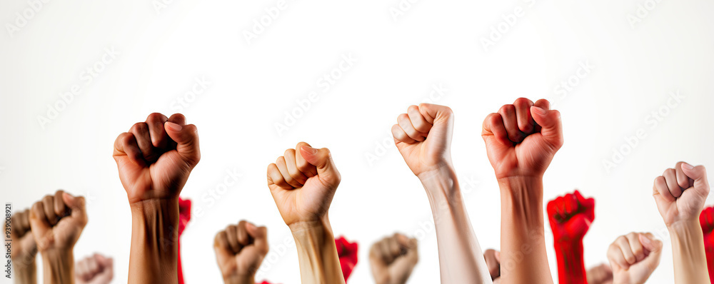 Diverse group of raised fists symbolizing unity and strength against social injustice during a peaceful protest Diverse group of raised fists symbolizing unity and strength against social injustice during a peaceful protest