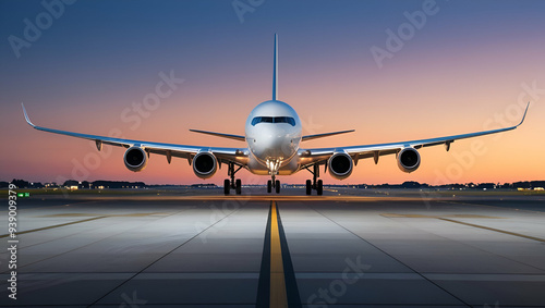 Airplane departure from the ground, flying up in the air on an airport during the evening or night, front view photography