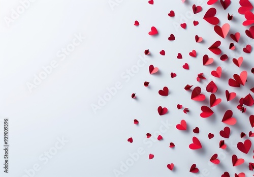 Red paper hearts flying on a white background symbolize love on Valentine s Day with space for text