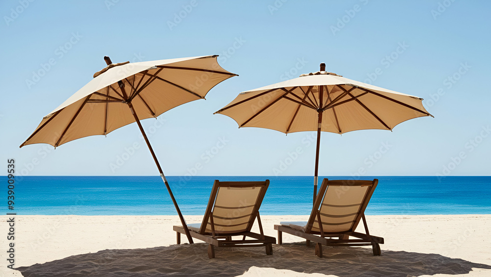 Two parasol umbrellas casting the shadow over the two wooden lounge chairs or easy chairs on an empty sunny sand beach near the blue ocean or sea water on a summer day Two parasol umbrellas casting the shadow over the two wooden lounge chairs or easy chairs on an empty sunny sand beach near the blue ocean or sea water on a summer day