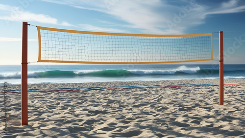 Volleyball court on the sand beach with the volleyball net.