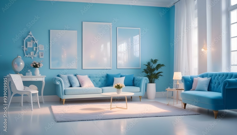 Interior mockup In a white room a blue sofa is placed next to a photo frame on the wall Interior mockup In a white room a blue sofa is placed next to a photo frame on the wall
