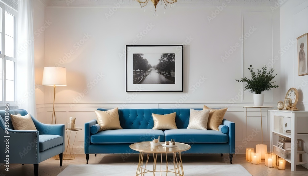 Interior mockup In a white room a blue sofa is placed next to a photo frame on the wall Interior mockup In a white room a blue sofa is placed next to a photo frame on the wall