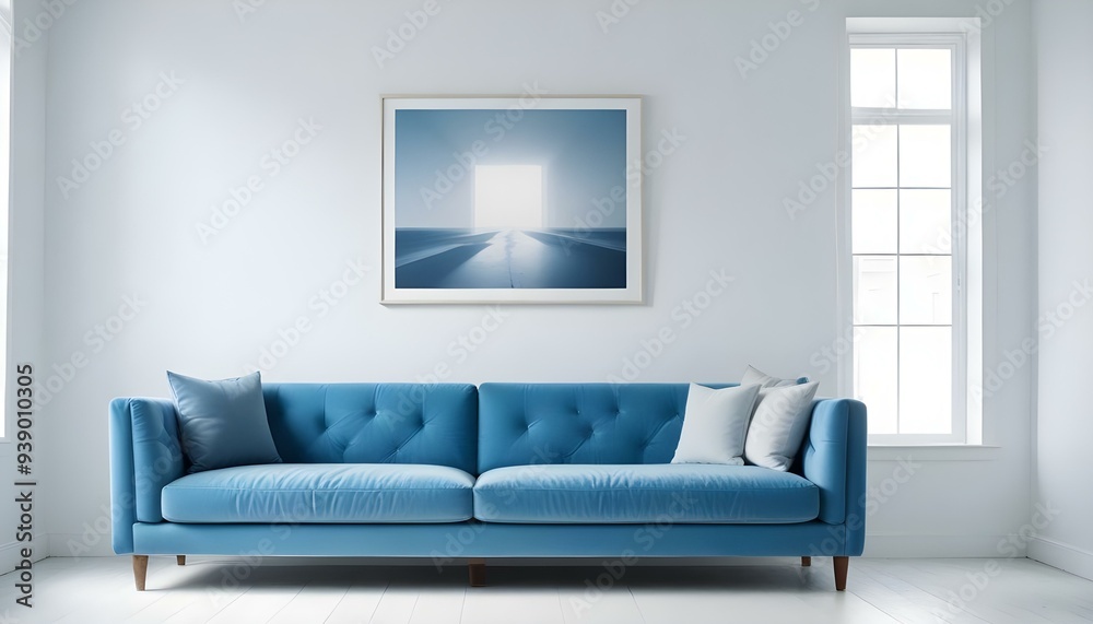 Interior mockup In a white room a blue sofa is placed next to a photo frame on the wall Interior mockup In a white room a blue sofa is placed next to a photo frame on the wall