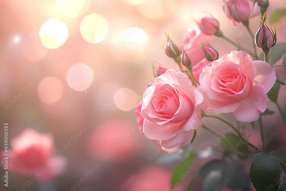 Fragrance of Pink Roses in Bokeh Light. Premium beautiful rose background for banners, posters, wallpapers and social media. Generative ai Fragrance of Pink Roses in Bokeh Light. Premium beautiful rose background for banners, posters, wallpapers and social media. Generative ai