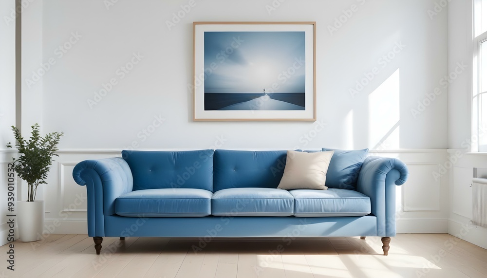 Interior mockup In a white room a blue sofa is placed next to a photo frame on the wall Interior mockup In a white room a blue sofa is placed next to a photo frame on the wall