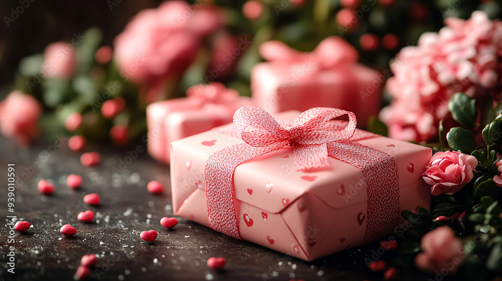 A pink box with a bow on top of a table with pink flowers A pink box with a bow on top of a table with pink flowers