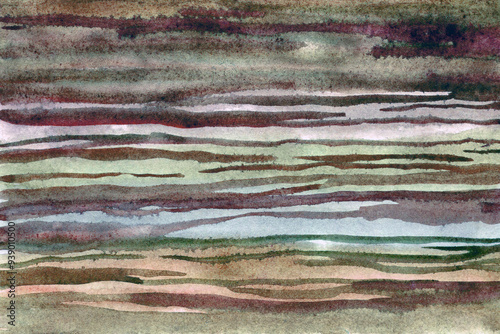 Striped green -brown watercolor paper background texture