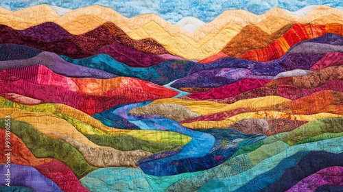 Colorful fabric mountains, river landscape 