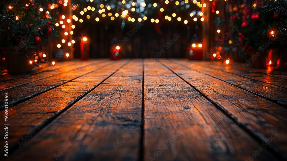 Wooden flooring adorned with festive Christmas lights, creating a warm ambiance behind a table. Wooden flooring adorned with festive Christmas lights, creating a warm ambiance behind a table.