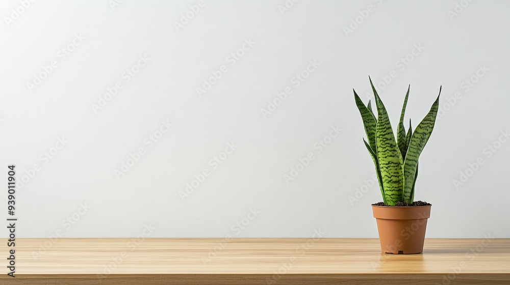 A small snake plant Sansevieria rests in a terracotta pot on a smooth wooden table, contrasting beautifully with the minimalistic and neutral background of the setting