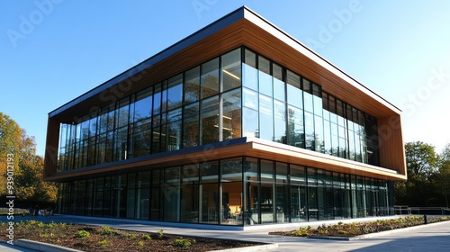 A contemporary building designed to produce zero carbon emissions, featuring passive solar design and energy-efficient technologies.