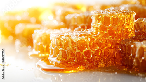 A close up of honeycomb honey dripping from the honeycomb