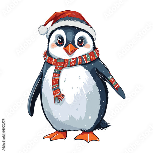Festive Penguin in Santa Hat and Scarf
