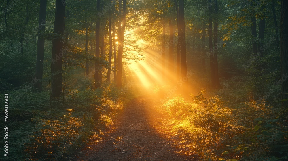 Obraz premium Golden Rays Through a Misty Forest