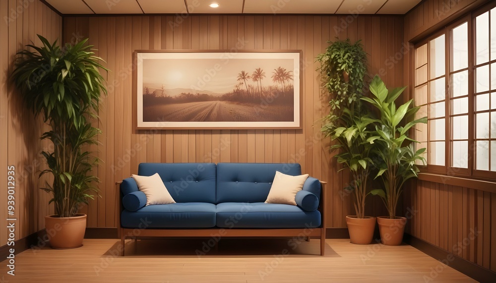 Interior mockup In a white room a blue sofa is placed next to a photo frame on the wall Interior mockup In a white room a blue sofa is placed next to a photo frame on the wall
