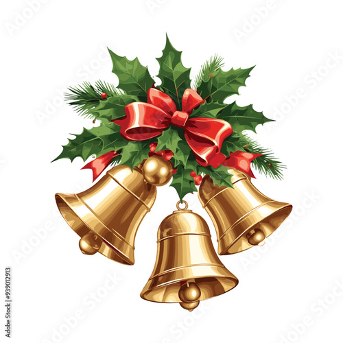 Golden Bells Nestled in Holly and Pine with Red Bow