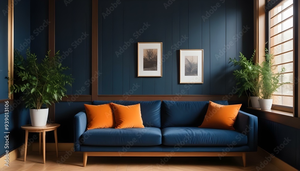 Interior mockup In a white room a blue sofa is placed next to a photo frame on the wall Interior mockup In a white room a blue sofa is placed next to a photo frame on the wall