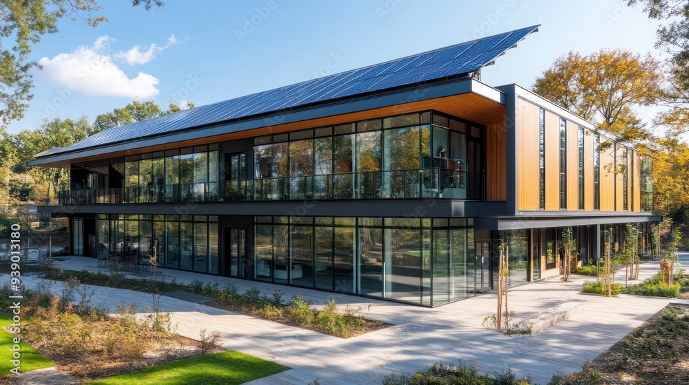 A modern building with solar panels integrated into the roof design, blending seamlessly with the surrounding landscape, showcasing sustainability and innovation. A modern building with solar panels integrated into the roof design, blending seamlessly with the surrounding landscape, showcasing sustainability and innovation.