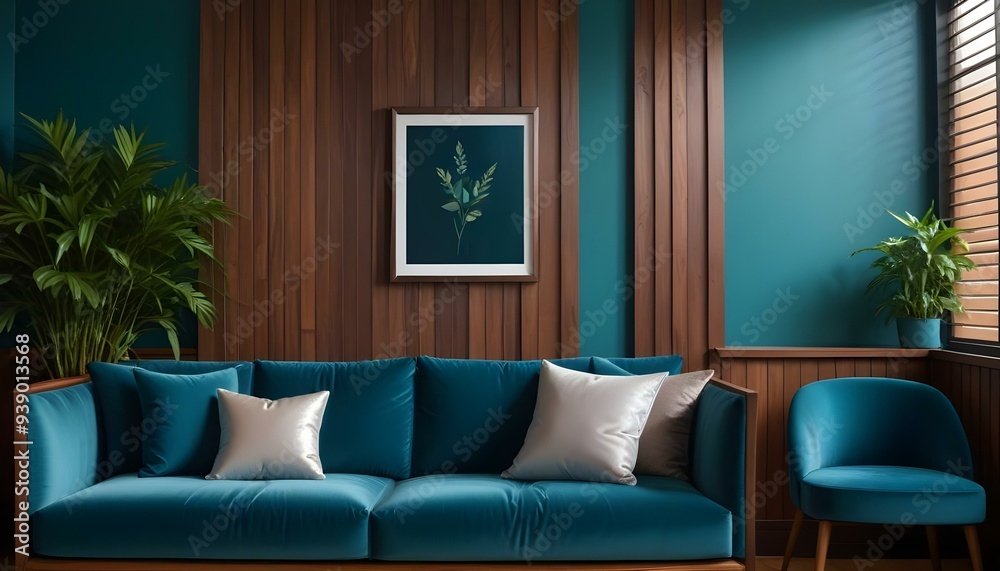 Interior mockup In a white room a blue sofa is placed next to a photo frame on the wall Interior mockup In a white room a blue sofa is placed next to a photo frame on the wall