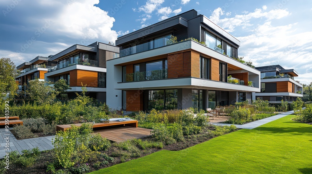 A modern zero carbon apartment complex with communal green spaces, renewable energy systems, and smart home technology. A modern zero carbon apartment complex with communal green spaces, renewable energy systems, and smart home technology.