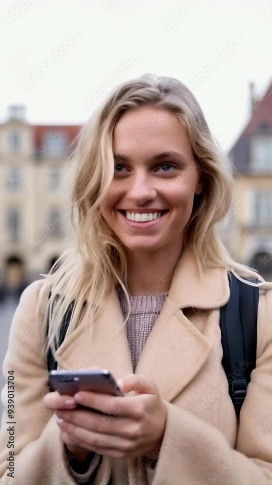 Young blonde woman using her cell phone in the street on a winter day. Young blonde woman using her cell phone in the street on a winter day.
