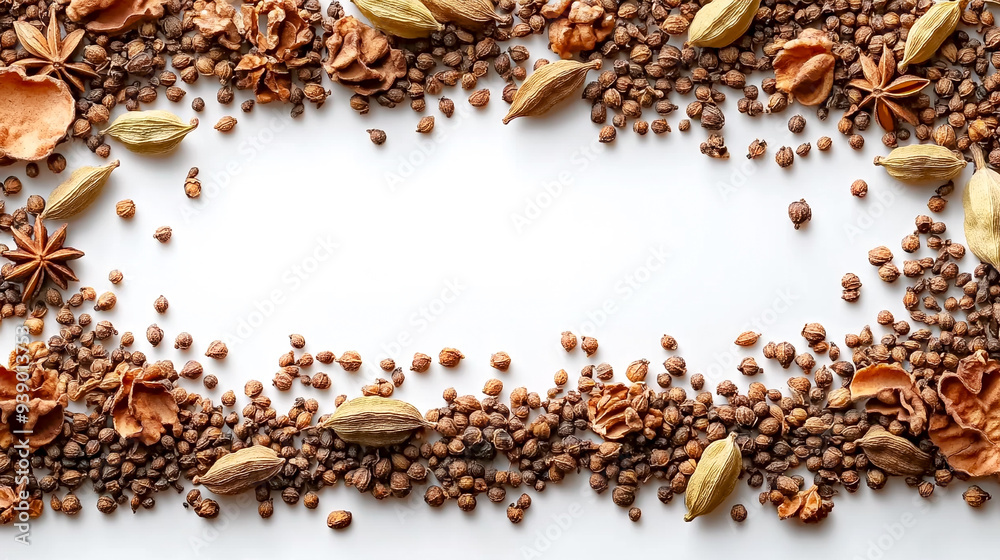 A white background with a brown border and a variety of spices and nuts A white background with a brown border and a variety of spices and nuts