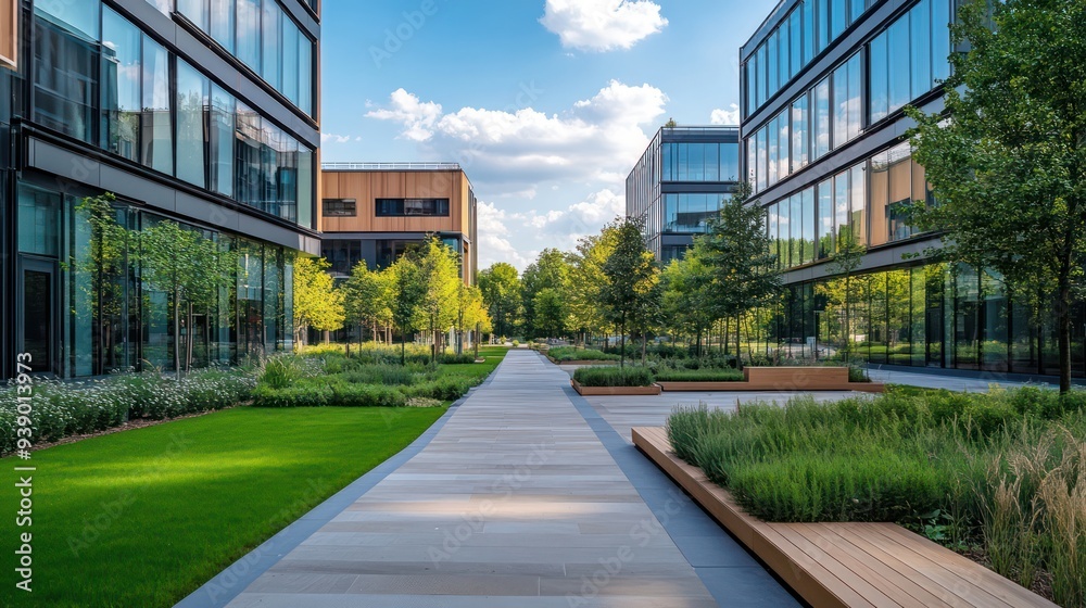 A modern zero carbon office park with renewable energy systems, energy-efficient buildings, and extensive green landscaping. A modern zero carbon office park with renewable energy systems, energy-efficient buildings, and extensive green landscaping.