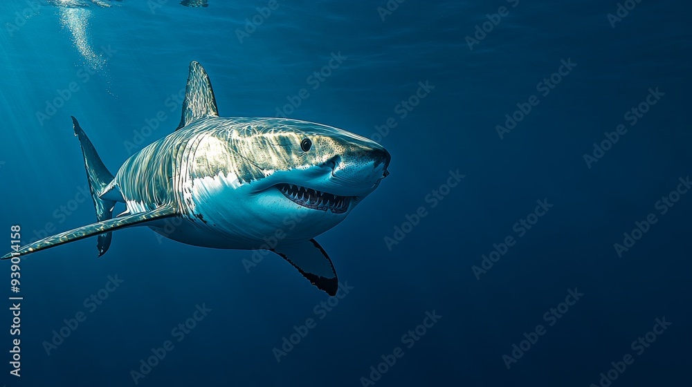 Obraz premium The elegant great white shark moves gracefully in the deep blue ocean, illustrating its strength and beauty amidst the vast underwater landscape