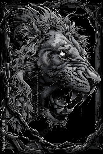 lion head angry black and white illustration