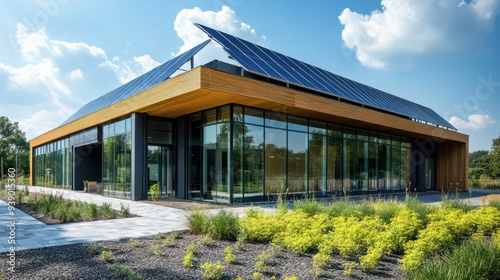 A zero carbon office complex with cutting-edge energy management systems, rooftop solar panels, and extensive use of recycled materials.