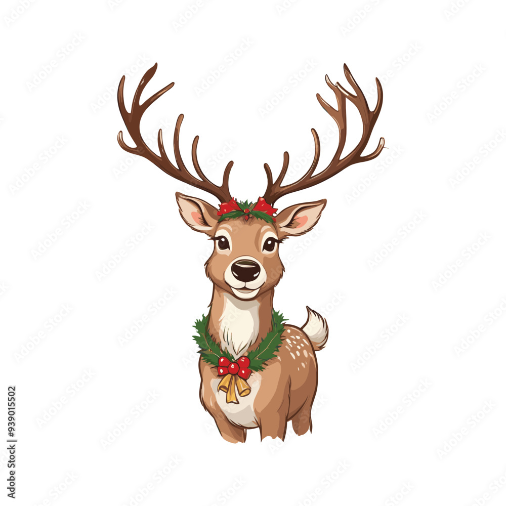 Cheerful Christmas Deer with Wreath and Bells