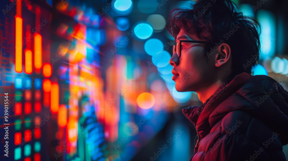Side view of a young Asian man in glasses looking at a digital bright screen with graphs. Technology concept. Side view of a young Asian man in glasses looking at a digital bright screen with graphs. Technology concept.