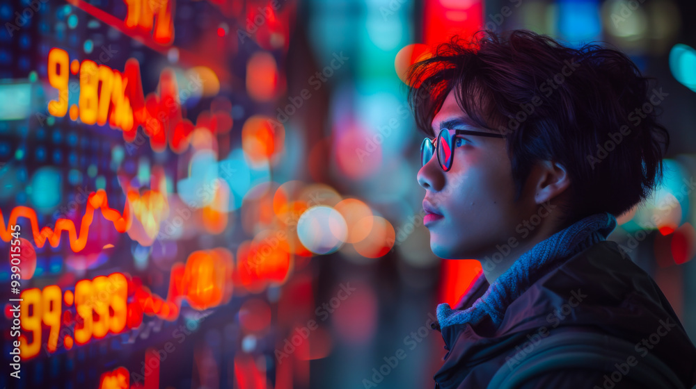 Side view of a young Asian man in glasses looking at a digital bright screen with graphs. Technology concept. Side view of a young Asian man in glasses looking at a digital bright screen with graphs. Technology concept.