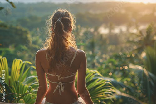 In early morning light of a sunny summer day, a carefree girl revels in comfort of her vacation home, breathing in clean, fresh air and taking in panoramic view of lush, vibrant landscape that stretc photo