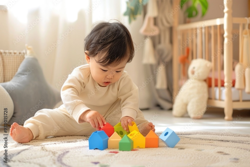 Curious Toddler Playing with Colorful Blocks in Cozy Nursery – Ideal for Parenting and Child Development Designs Curious Toddler Playing with Colorful Blocks in Cozy Nursery – Ideal for Parenting and Child Development Designs