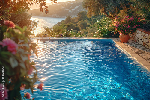 From a high-angle view on a sunny summer day, Greek islands hotel's swimming pool sparkles like a sapphire gem, surrounded by lush greenery and vibrant flowers, creating a picturesque oasis that invi photo