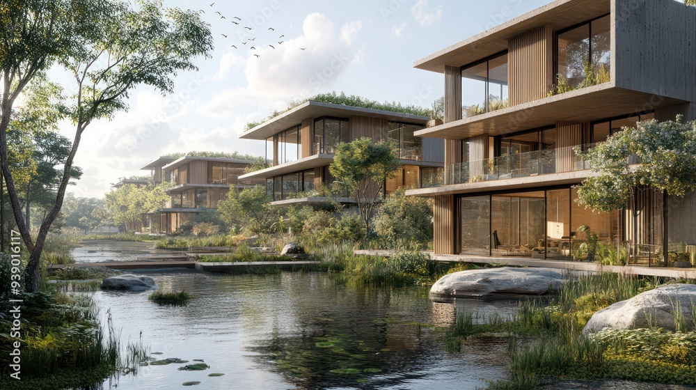 An eco-friendly coastal development with zero carbon buildings, renewable energy systems, and resilient design features. An eco-friendly coastal development with zero carbon buildings, renewable energy systems, and resilient design features.