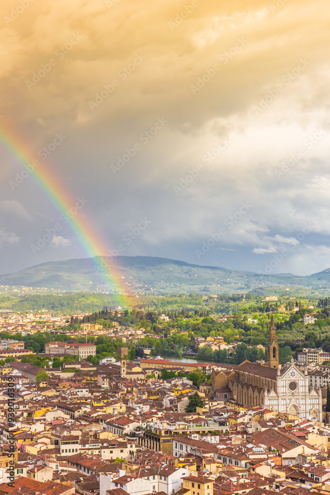 Rainbow over the skyline and surrounding landscape of Florence, Italy