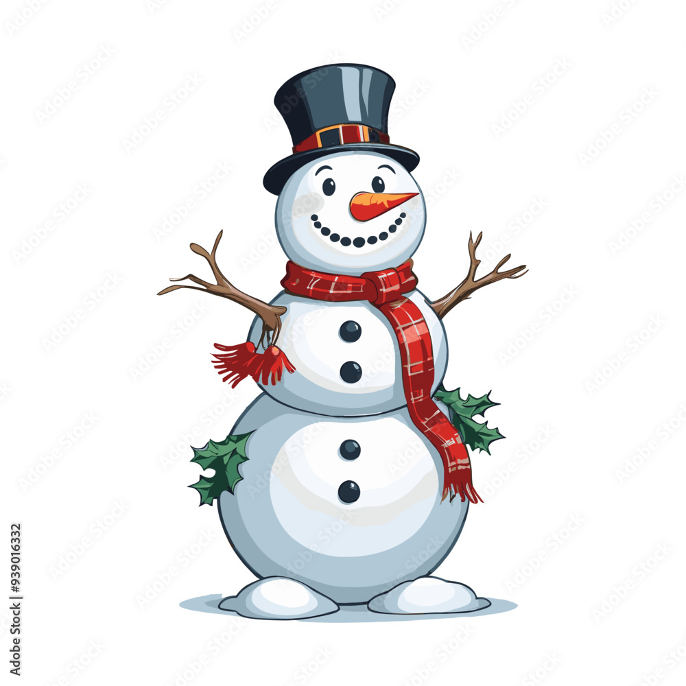 Cheerful Snowman with Black Hat and Red Scarf