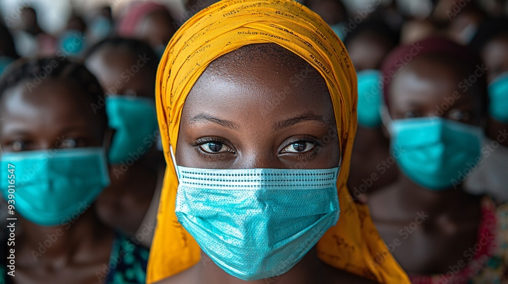 A large crowd of people wearing masks at a public health event, with banners promoting awareness and prevention of Monkeypox. A large crowd of people wearing masks at a public health event, with banners promoting awareness and prevention of Monkeypox.