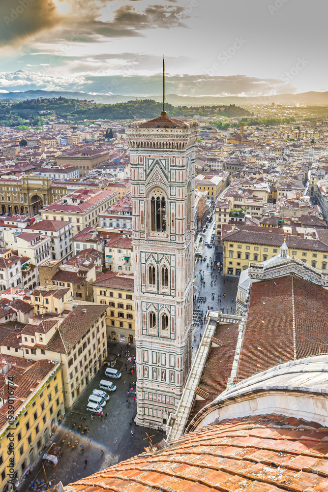 Aerial view over the bell tower of the cathedral in Florence, Italy