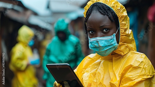 A healthcare professional holding a tablet displaying the latest Monkeypox case numbers and trends, with an emergency response team in the background. photo