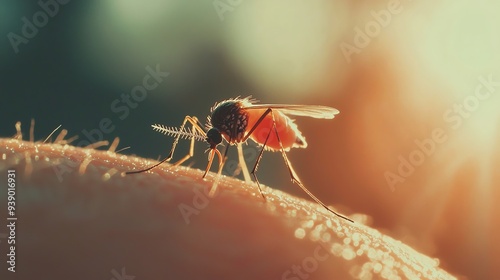 Close-up image of a mosquito perched on human skin, showcasing detailed features and soft lighting in the background.