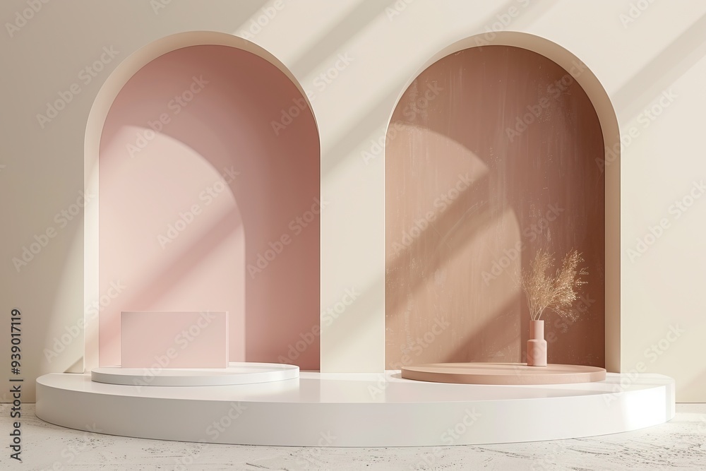 A serene and modern interior with soft pastel arches and natural decor, perfect for minimalism and tranquility in design. A serene and modern interior with soft pastel arches and natural decor, perfect for minimalism and tranquility in design.