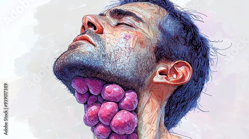 A person with visible swelling of lymph nodes in the neck due to Monkeypox infection, illustrated with clear detail of the symptom.