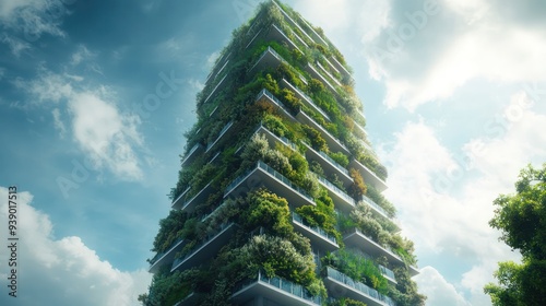 Eco-friendly skyscraper with lush vertical gardens on every floor, creating a natural cooling effect and enhancing urban biodiversity.