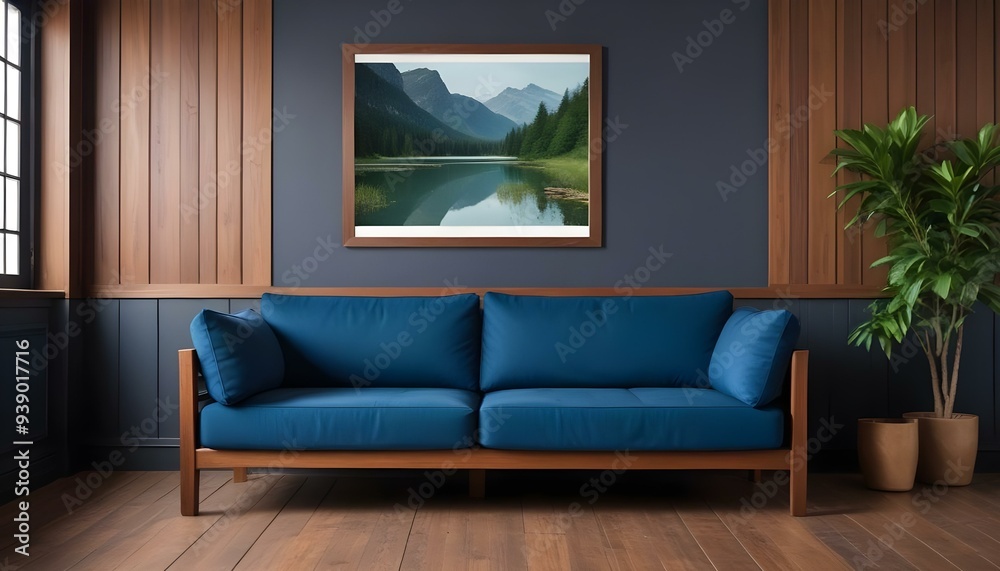 Interior mockup In a white room a blue sofa is placed next to a photo frame on the wall Interior mockup In a white room a blue sofa is placed next to a photo frame on the wall