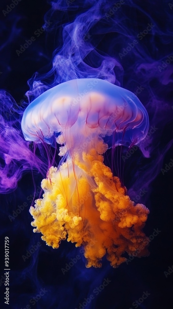 Yellow smoke background, an artificial intelligence purple jellyfish Yellow smoke background, an artificial intelligence purple jellyfish